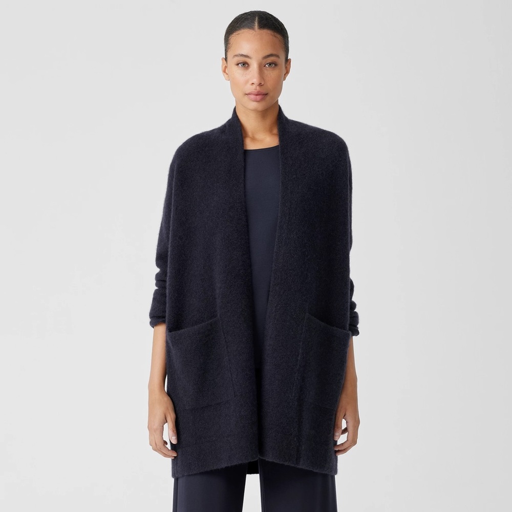 enza costa BLACK wool cashmere silk knit open cardigan sweater